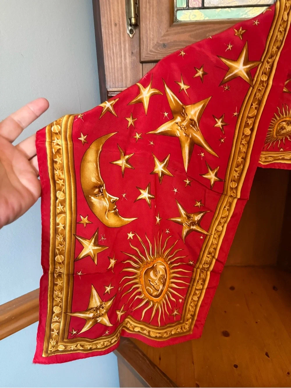 Vintage Casca 100% Silk Scarf Red & Gold Baroque Zodiac Sun Moon Star Motif